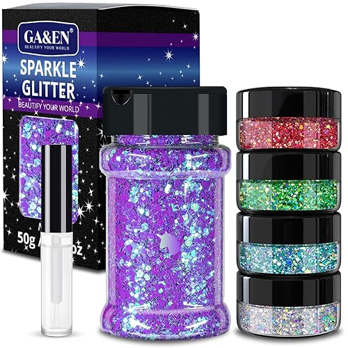 GA&EN Holographic Chunky Glitter 50g Magic Purple + 8g*4 Multi-Shape Sparkle for Body &