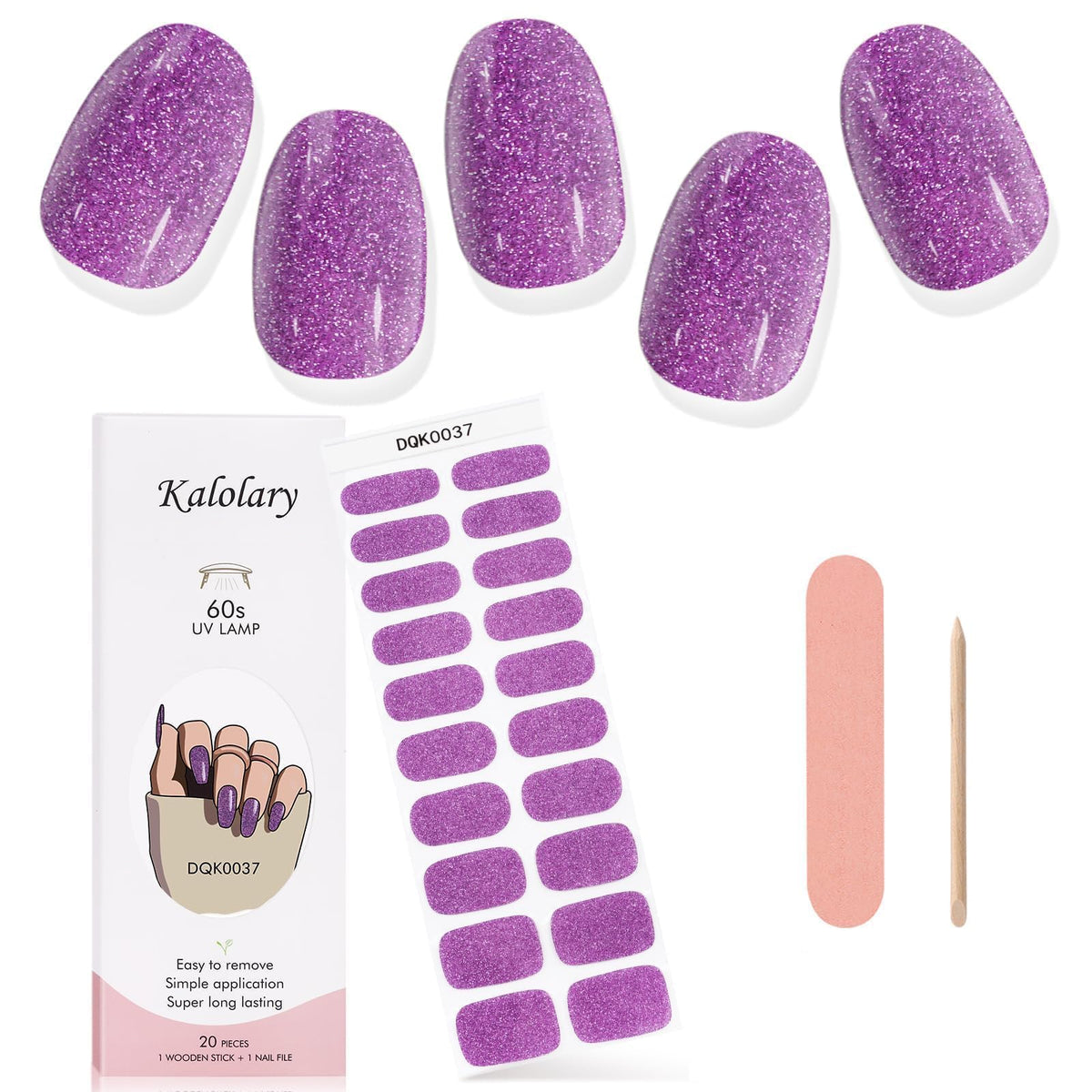 Kalolary Glitter Purple Gel Nail Polish Strips - Waterproof Full Nail Art Decal Kit