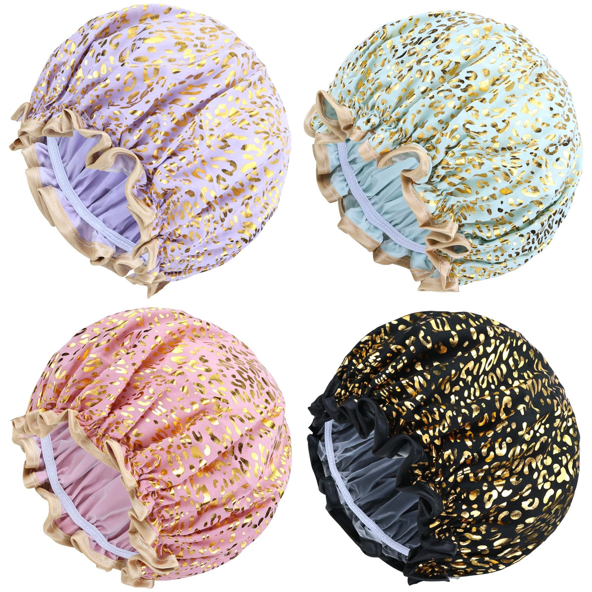 Lawie Waterproof Satin Shower Caps - 4 Pack Adjustable Peva Bonnets For Curly Long Hair, Leopard