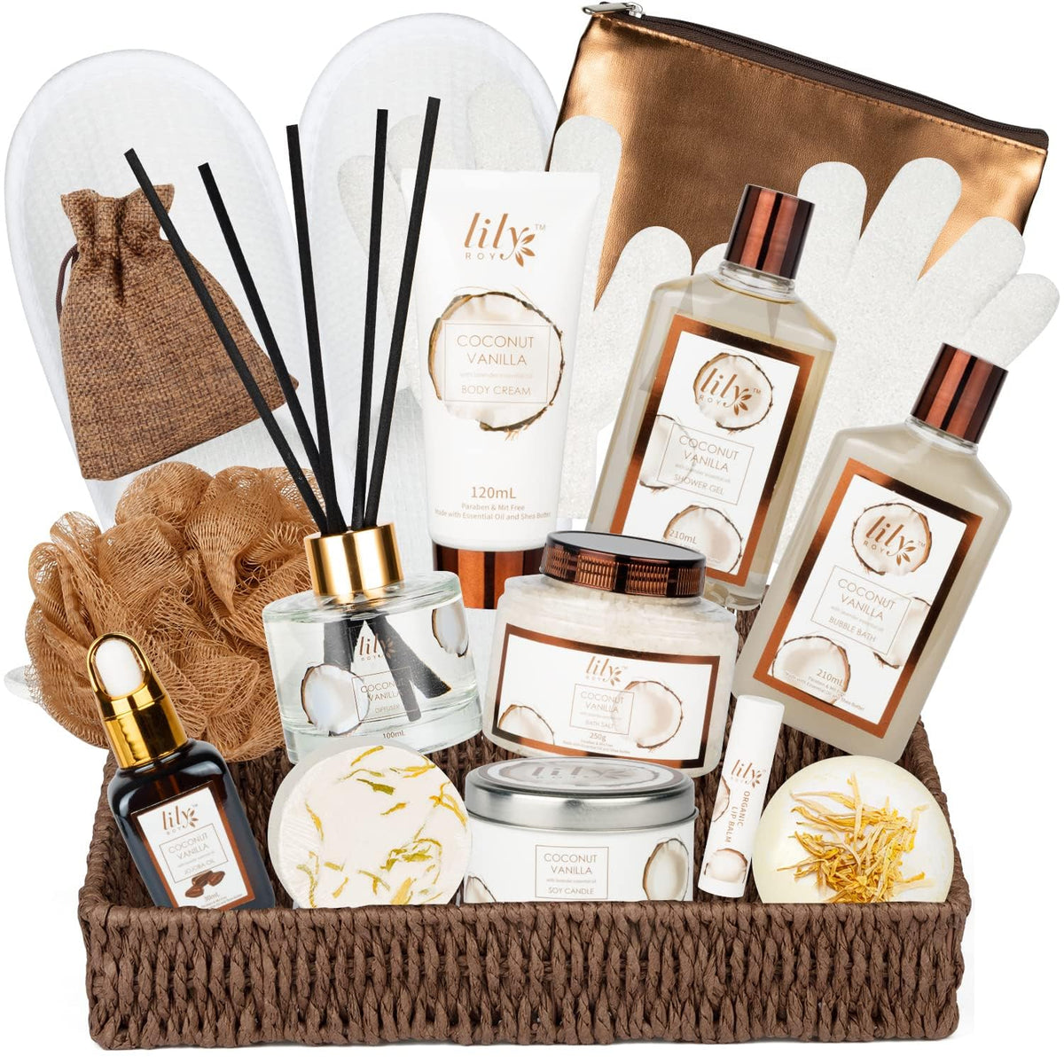 Lily Roy 17-Piece Bath Spa Gift Basket Set - Coconut Vanilla For Women, Perfect For Gifts