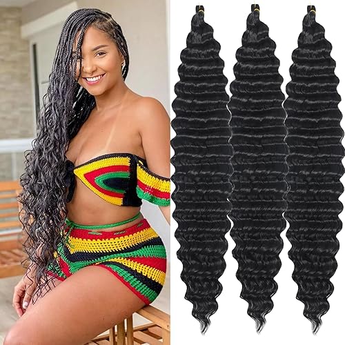 Paraglame 30&quot; Deep Wave Crochet Hair Extensions - Soft Ocean Wave, Natural Black, 3 Packs (1B#)