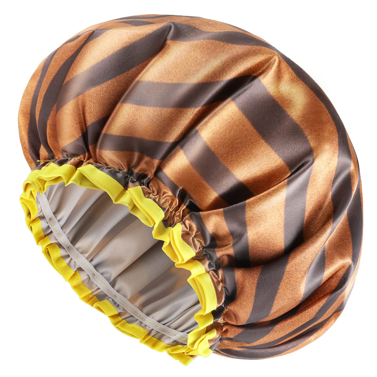 Mikimini Waterproof Shower Cap For Women & Girls, Medium Size, Reusable Golden Stripes