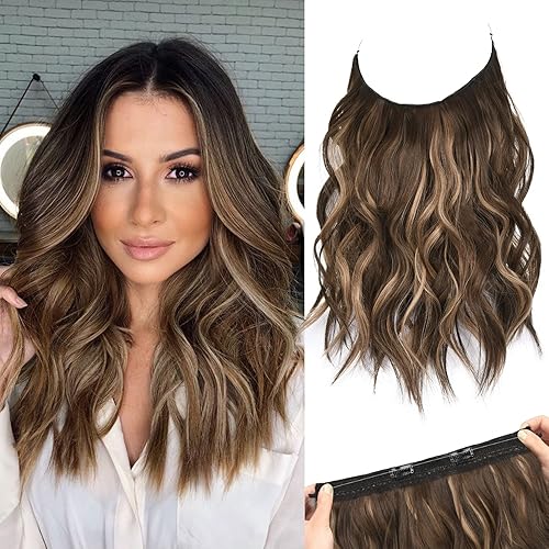 REECHO Invisible Wire Hair Extensions 12&quot; Wavy Lace Weft - Chocolate Brown with Blonde Highlights