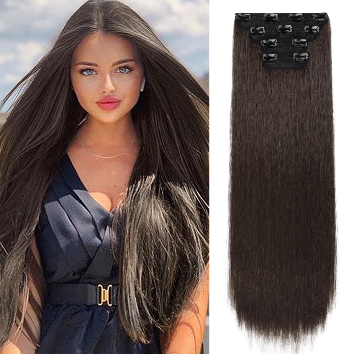 REECHO 28&quot; Dark Brown Clip-In Hair Extensions Set - Thick 4 PCS, Synthetic, 320g