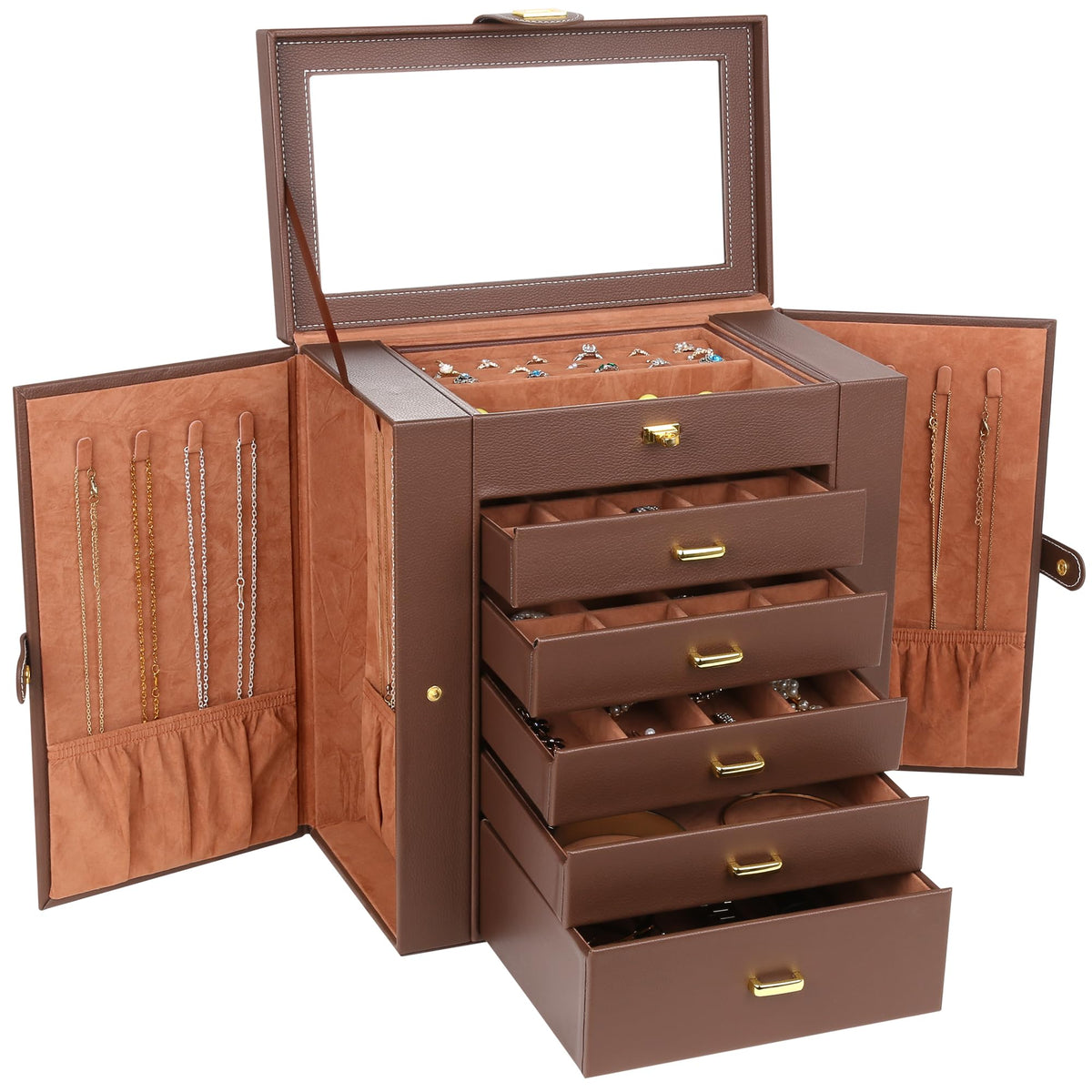 Kendal Extra Large Jewelry Box, 6-Tier Pu Leather Organizer With Mirror, Brown, Great Gift