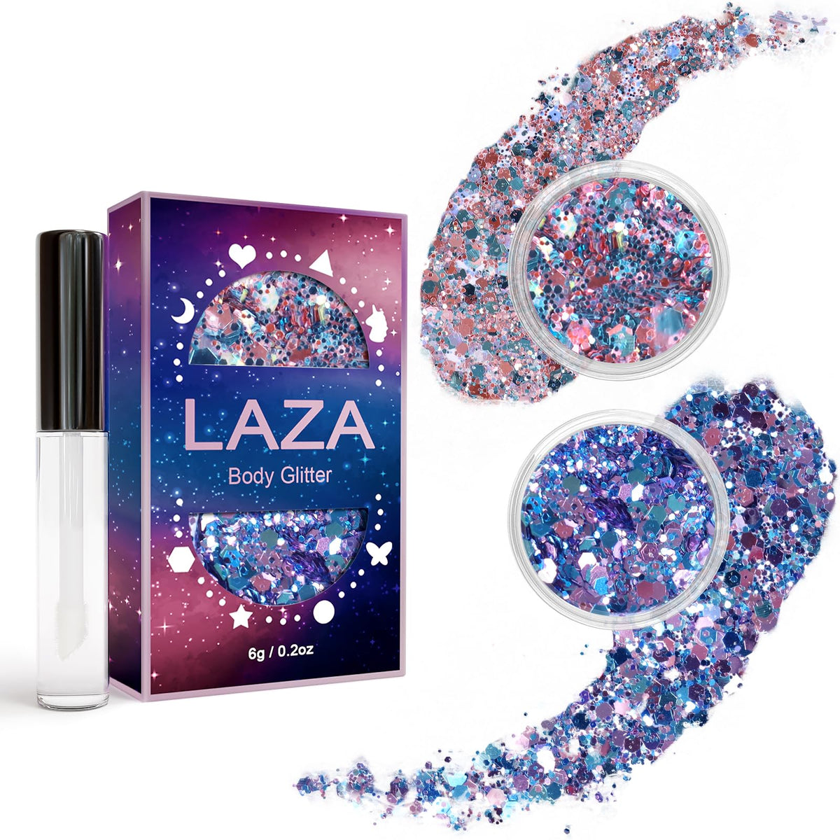 Laza Holographic Body Glitter - 2 Jars Chunky Sequins & Glitter Glue For Festival Makeup, Underwater Legend