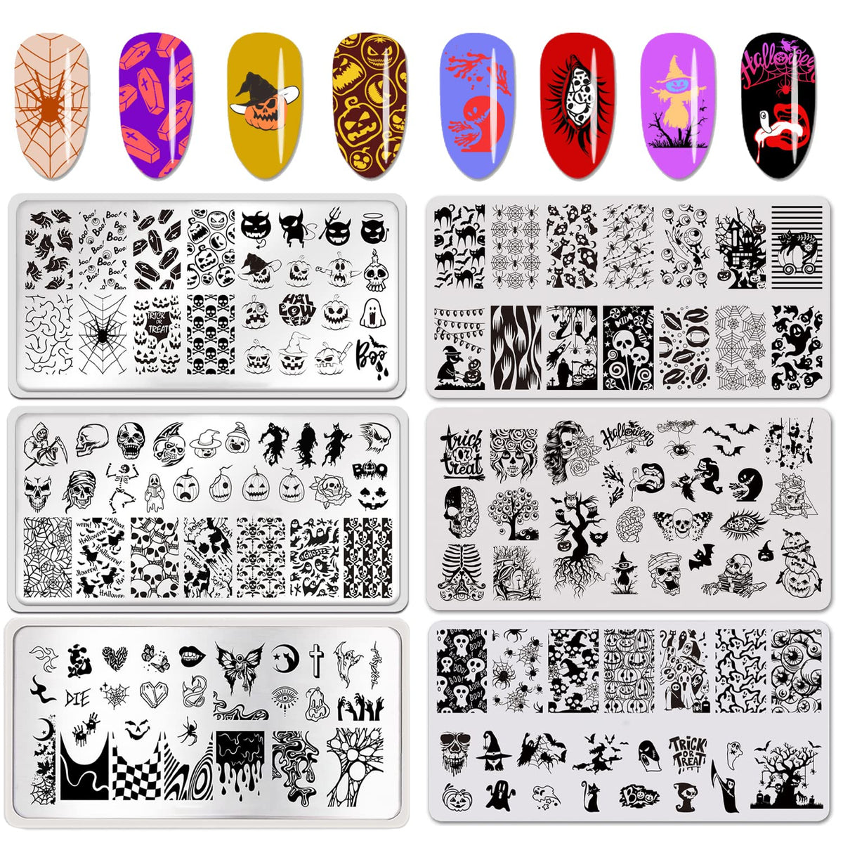 Ocouyvd Halloween Nail Stamping Kit - 6 Pcs Stainless Steel Skull, Bat, Witch Designs