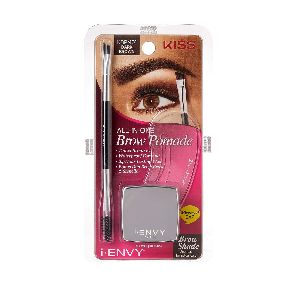 Ienvy By Kiss Waterproof Brow Pomade - Dark Brown, 0.18 Oz, Long Lasting With Stencils