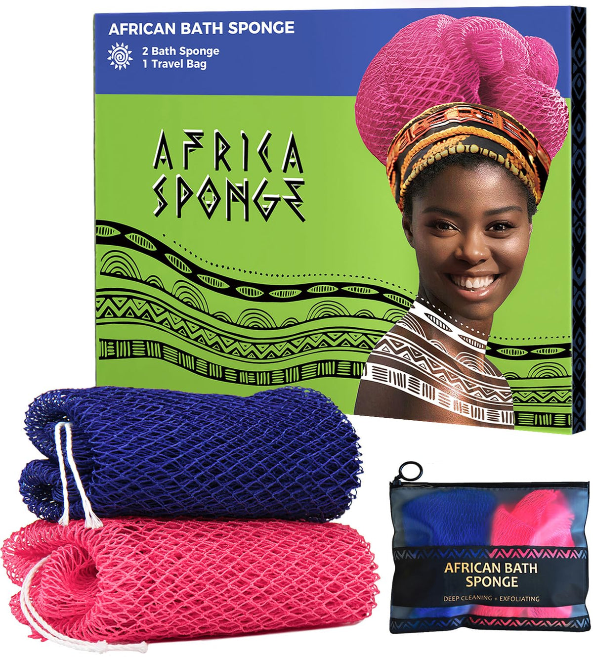 Relaxscene African Net Loofah Sponge Set - Exfoliating Body Wash Cloths, 2 Pieces Pink & Blue