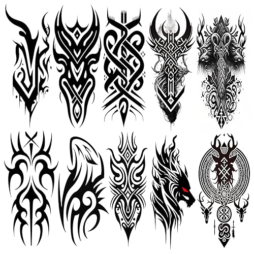 Awlee Waterproof Viking Tribal Temporary Tattoos - 10 Sheets, Long Lasting Black Fake Tattoos