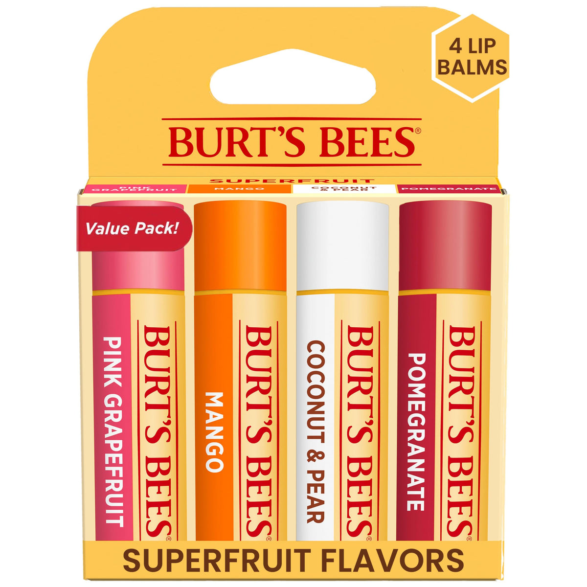 Burt'S Bees Lip Balm Set - Pink Grapefruit, Mango, Coconut, Pomegranate - 4 Tint-Free Moisturizers