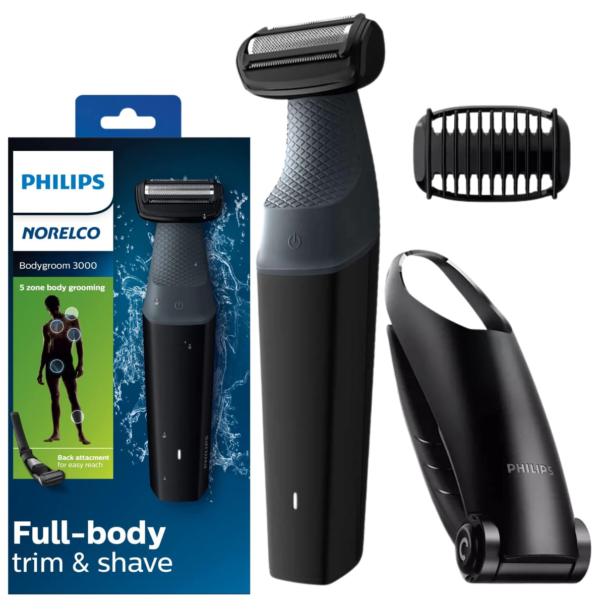 Philips Norelco Body Groomer 3000 - Showerproof Hair Trimmer For Men With Back Attachment, Black