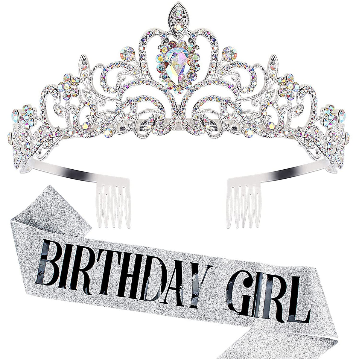 Cocide Birthday Girl Sash & Rhinestone Tiara Set - Silver Crystal Hair Accessories For Parties