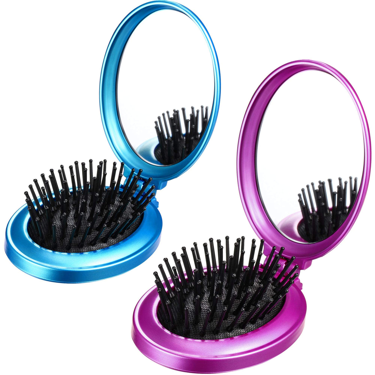 Boao 2-Piece Folding Travel Mirror Hair Brush Set - Compact Pocket Size, Blue & Purple