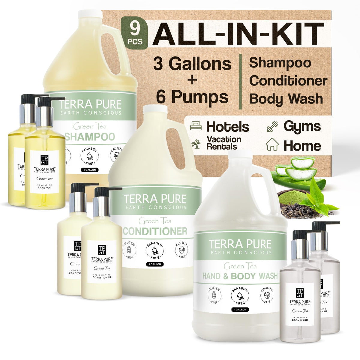 Terra Pure Gallon & Dispenser Set - Shampoo, Conditioner, Body Wash With Matching Pump Bottles