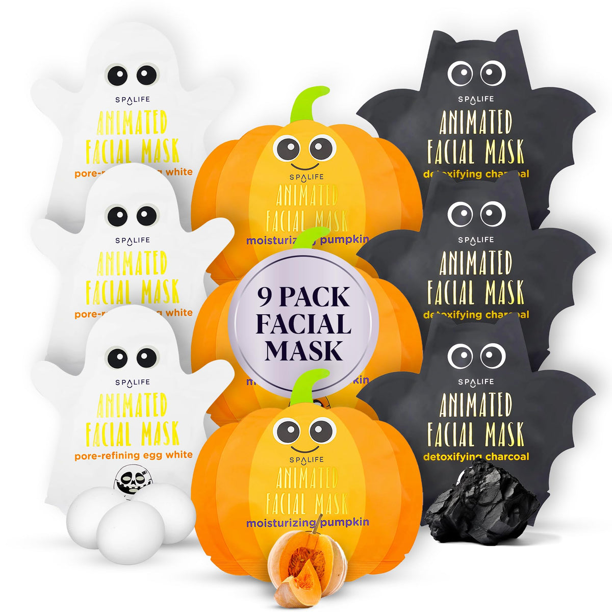 Spalife Halloween Facial Mask Sheet Bundle - Pumpkin, Ghost, Bat - 9 Count Skincare Pack