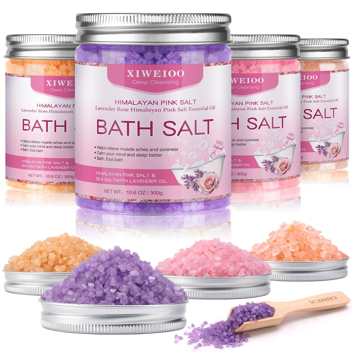 Xiweioo Bath Salts Set - 4 Pack Himalayan Pink Salt, Lavender & Rose, Epsom Salt Gift For Women