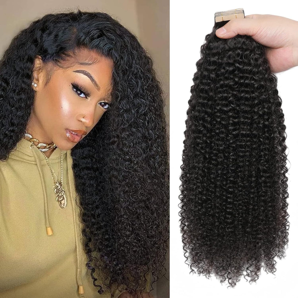 Hotlulana 40Pcs Kinky Curly Human Hair Tape In Extensions 24 Inch For 3C 4A Textures