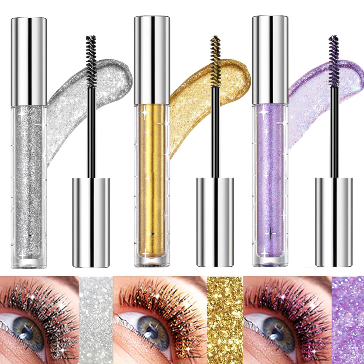 Bekoeen 3Pcs Glitter Mascara Set - Waterproof Lengthening & Volumizing Colorful Lashes