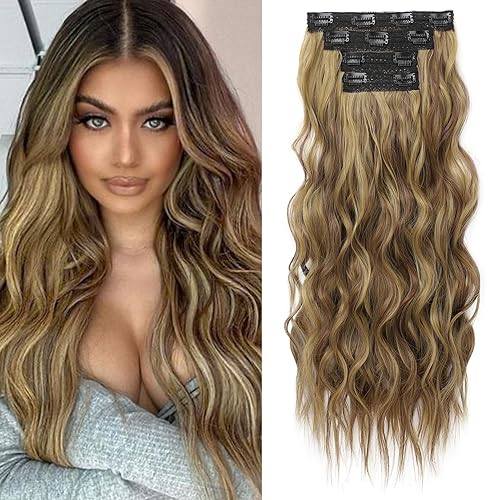 REECHO 24&quot; Clip-in Hair Extensions, Blonde Highlights, Thick Beach Waves, Human Hair, 4PCS