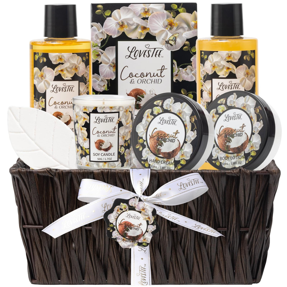 Lovestee Valentine'S Day Spa Gift Basket For Women - Coconut & Orchid Bath Set With Candle & More