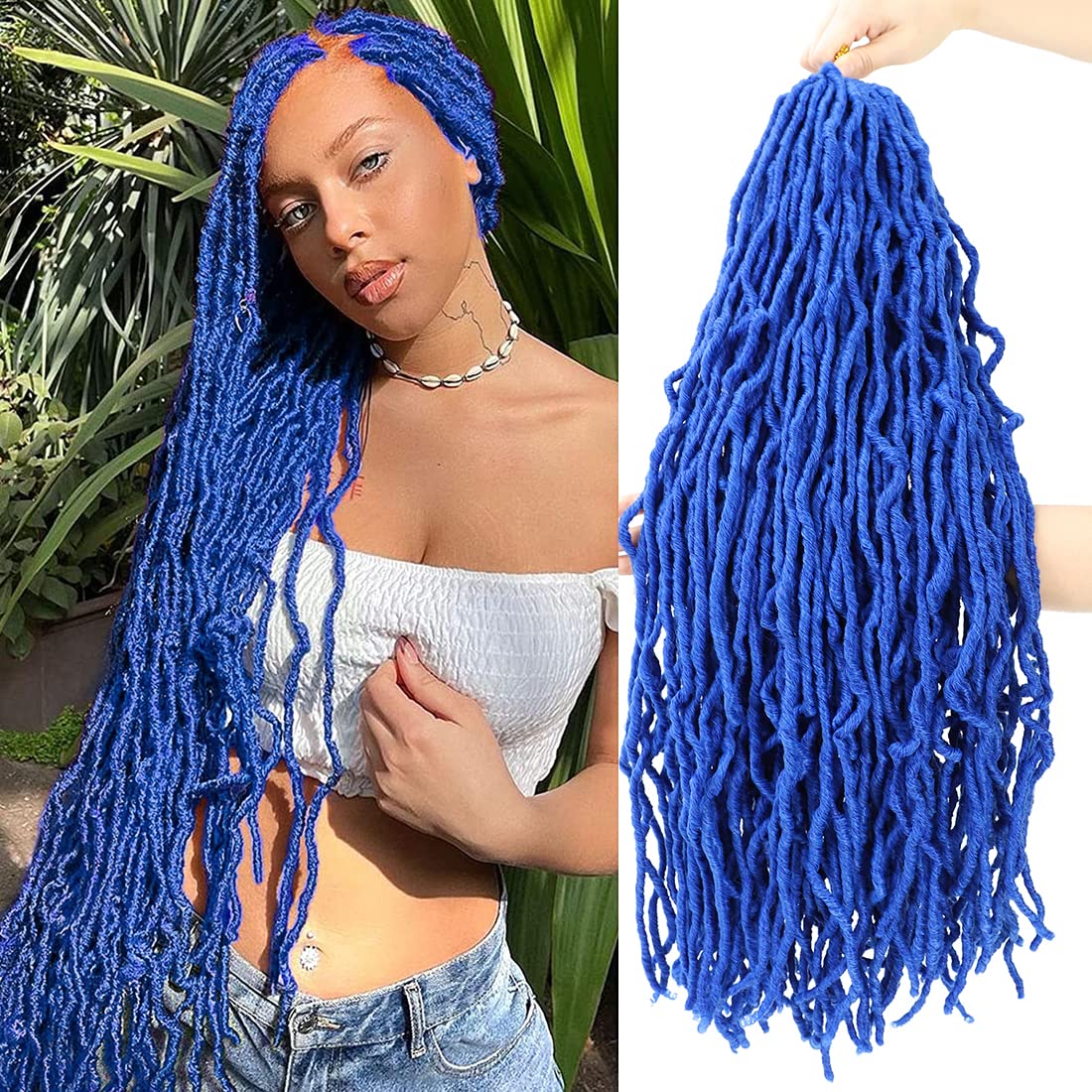 Youngther 24&quot; Blue Faux Locs Crochet Hair - 6 Packs Pre-Looped Synthetic Braiding Extensions