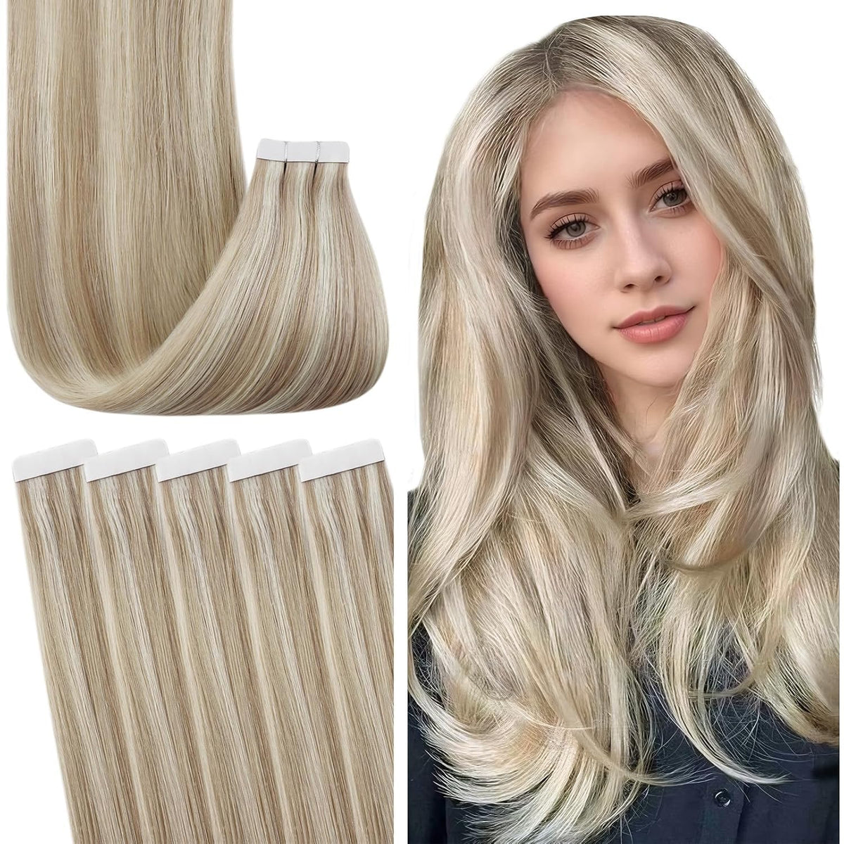 Fshine 12&quot; Remy Hair Extensions Tape - Ash Blonde & Bleach Blonde, 20Pcs, Human Hair