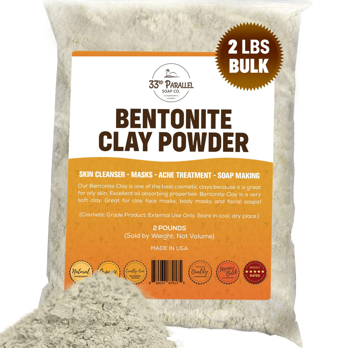 33Rd Parallel Soap Co. Organic Bentonite Clay Powder 2 Lbs - Natural Cosmetic Grade For Masks & Soaps