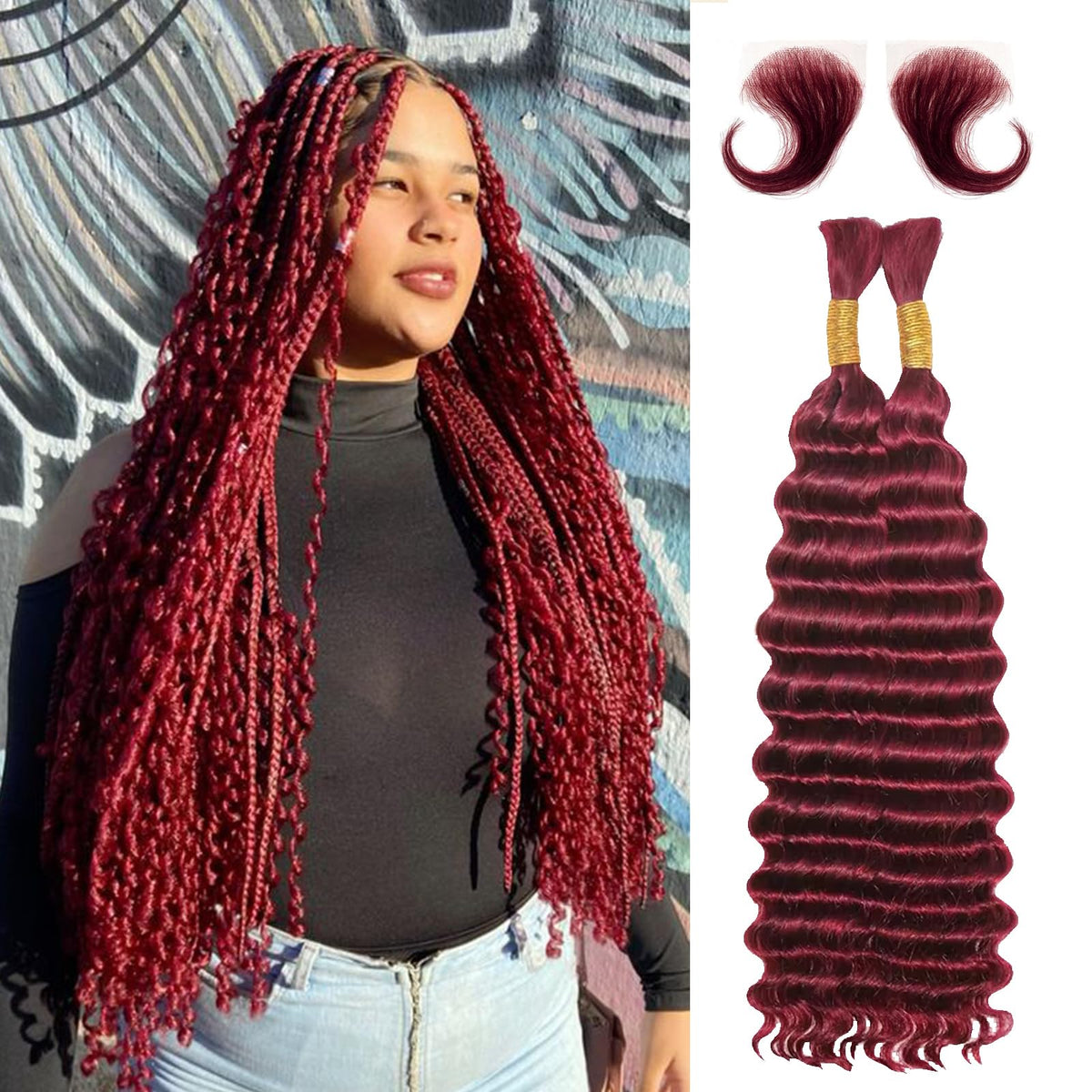 Langer 12A 99J Burgundy Human Braiding Hair 20 Inch 100G - 2 Bundles Boho Curly