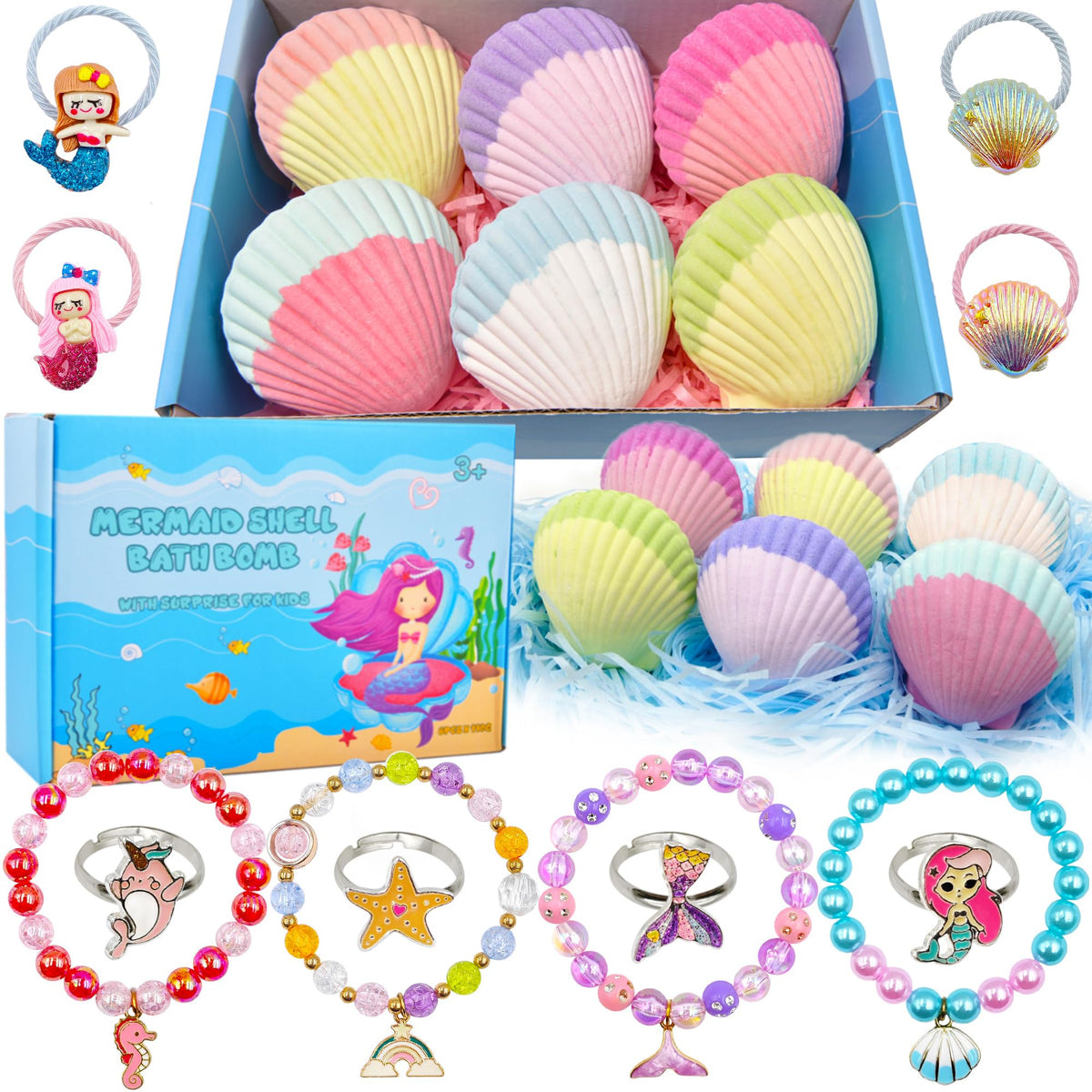 Usand Mermaid Bath Bombs For Kids - 6 Pcs Fizzy Shells With Surprise Jewelry Gifts