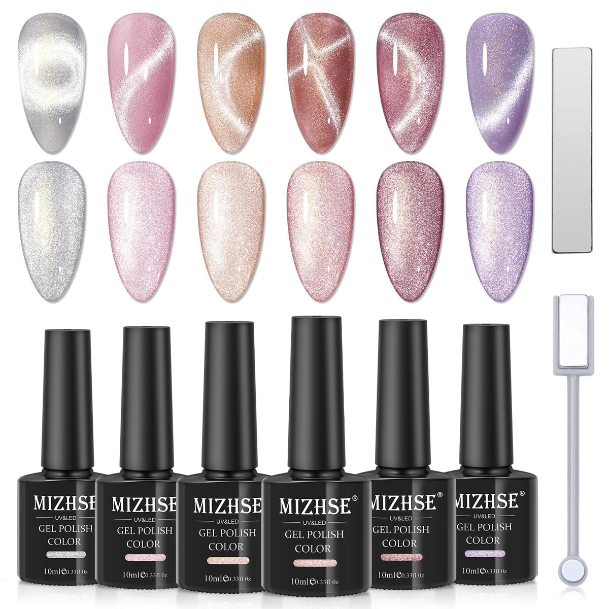 Mizhse Cat Eye Gel Polish Set - 6 Colors Holographic Glitter, 3 In 1 Rubber Base Gel, 