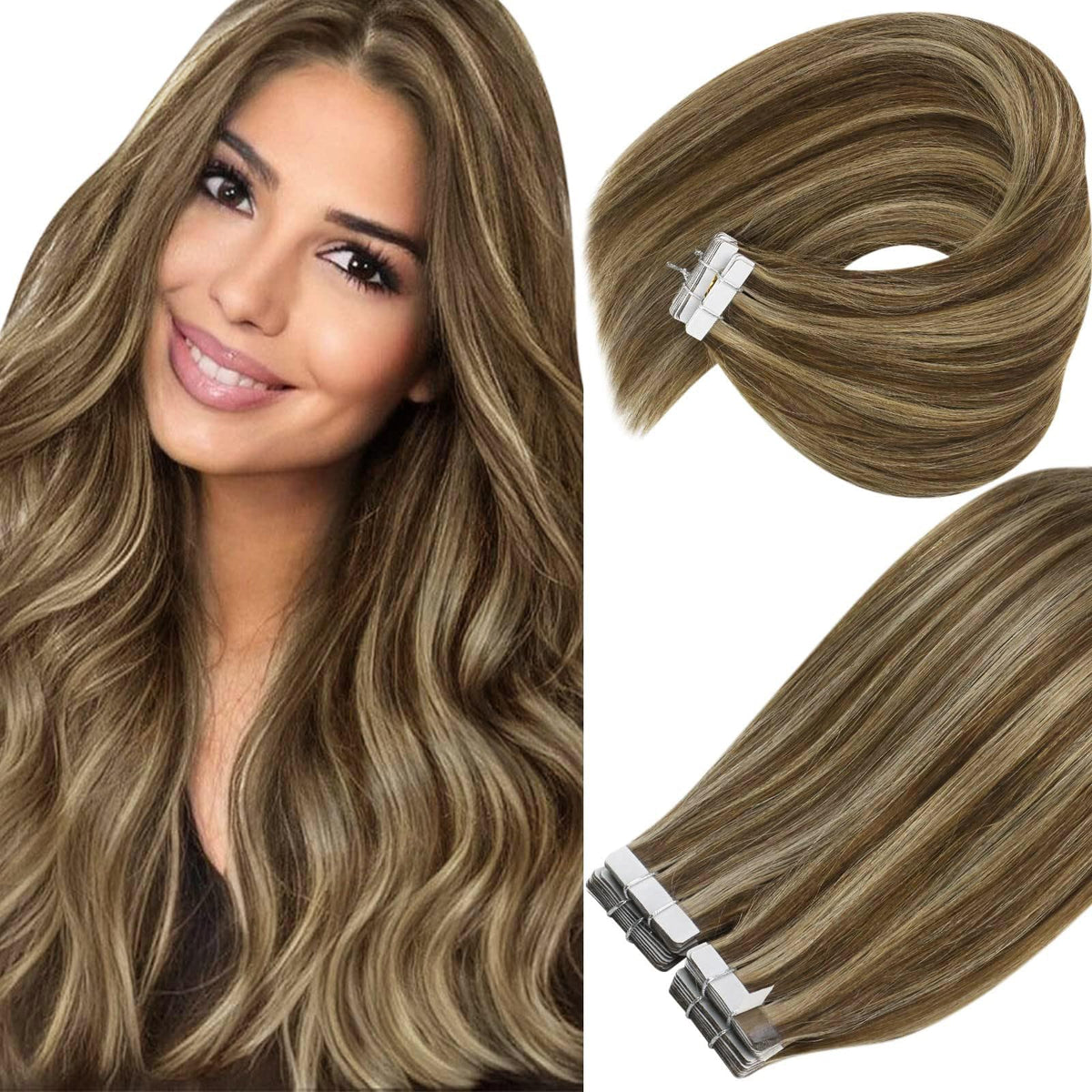 Ve Sunny Brown Tape in Hair Extensions, Human Hair, 14&quot; Dark Brown & Caramel Blonde, 20pcs