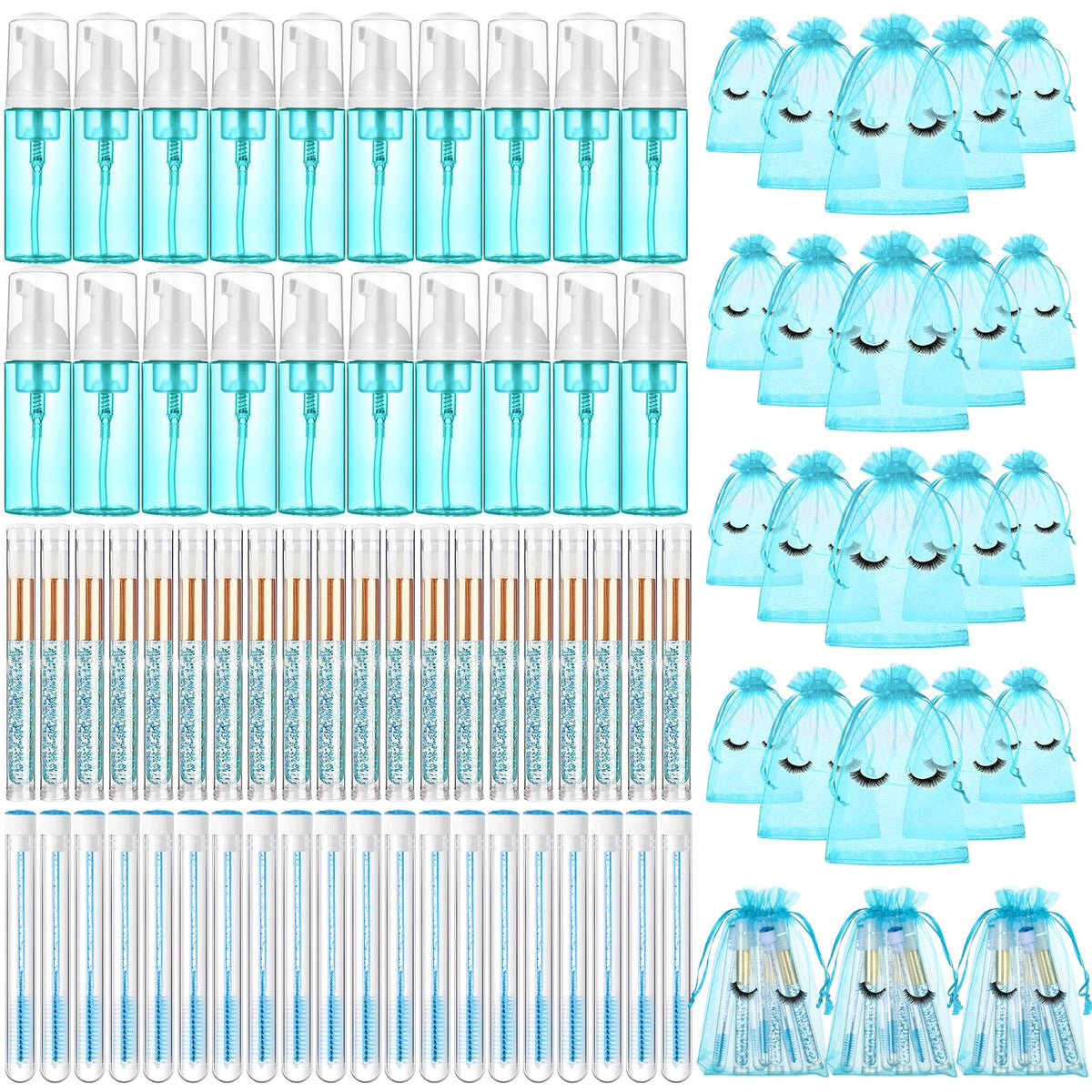 Zhehao 80 Pcs Lash Shampoo Kit - Foam Pump, Brushes & Aftercare Bags - Blue