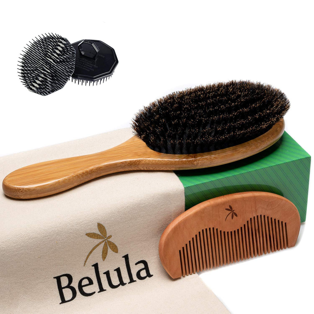 Belula Boar Bristle Hair Brush Set For Men - Soft Brush, Wooden Comb & Free Travel Bag, 5 Pieces