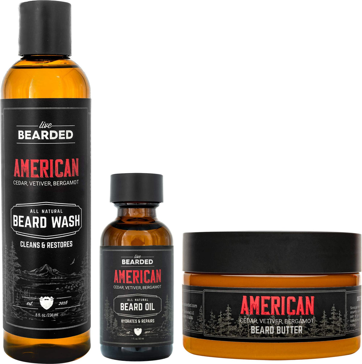 Live Bearded 3-Step Beard Grooming Kit - Wash, Oil & Butter - All-Natural Ingredients