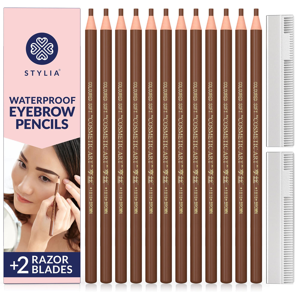 Stylia Waterproof Eyebrow Pencils - Long-Lasting Microblading Supplies, 12Pc Brown