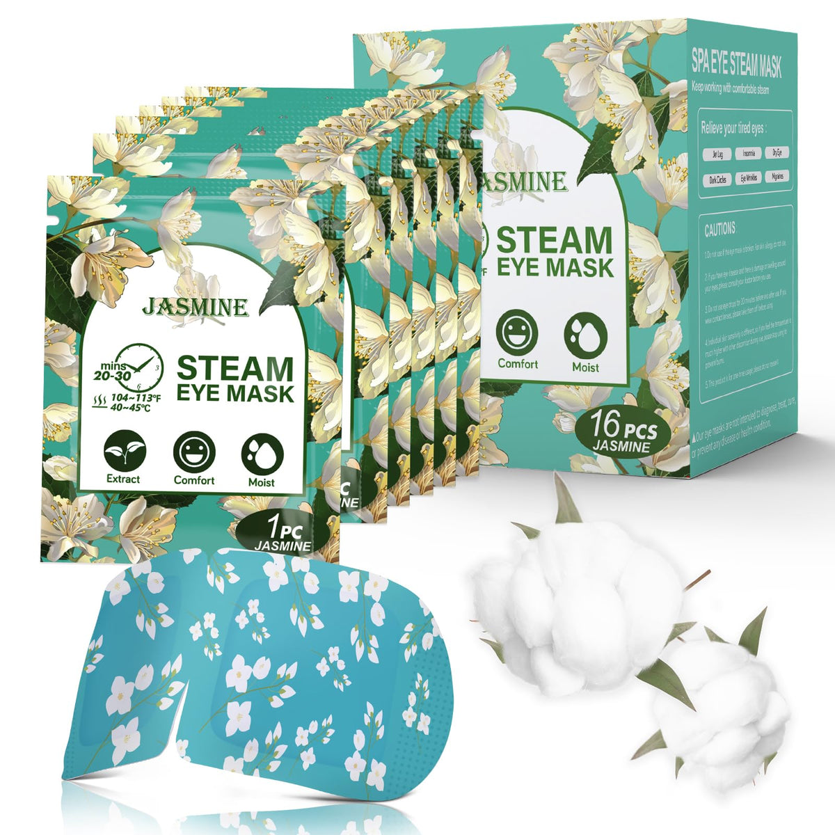 ProCIV 16-Pack Jasmine Steam Eye Masks for Dry Eyes, Puffy Eyes & Dark Circles Relief