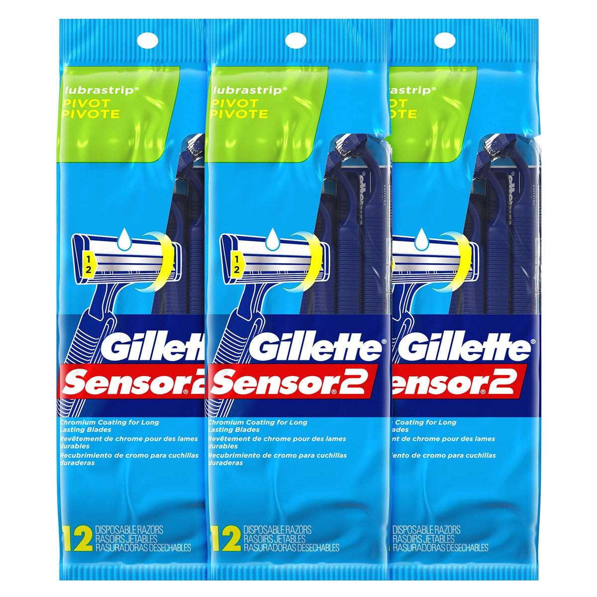 Gillette Sensor2 Men'S Disposable Razors, 12 Count (Pack Of 3) - Total 36 Razors, Blue