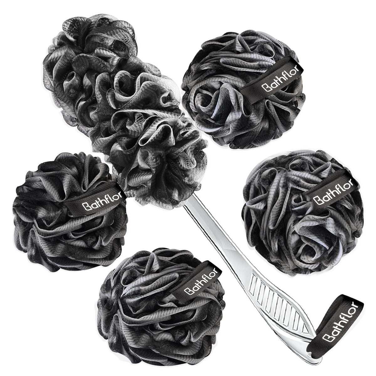 Bathflor 6Pc Charcoal Loofah Sponge Set - Exfoliating Body Scrubber & Long Handle Back Scrubber, Black