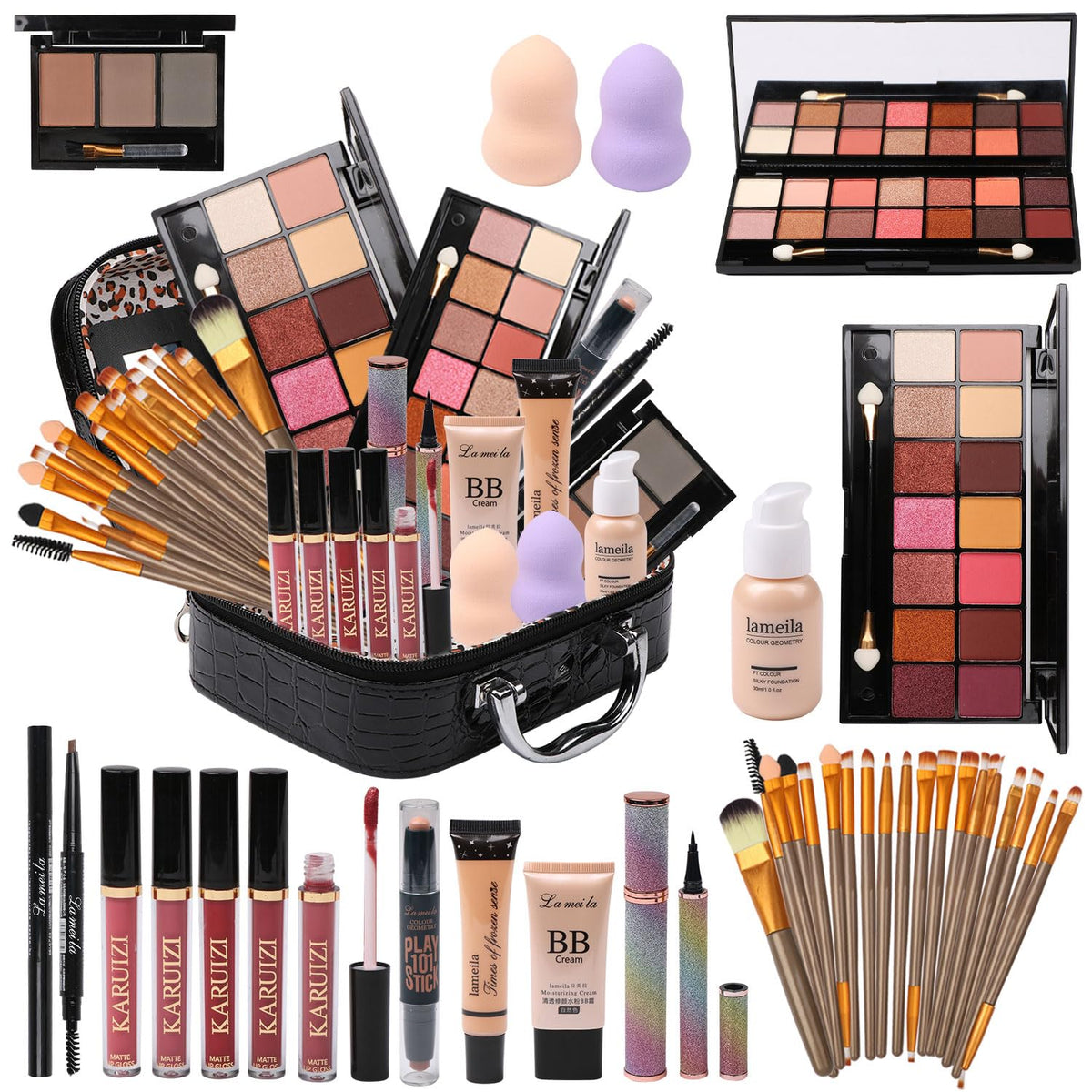 Karuizi All-In-One Makeup Kit With Eyeshadow, Lip Gloss, Foundation & Brushes - Black