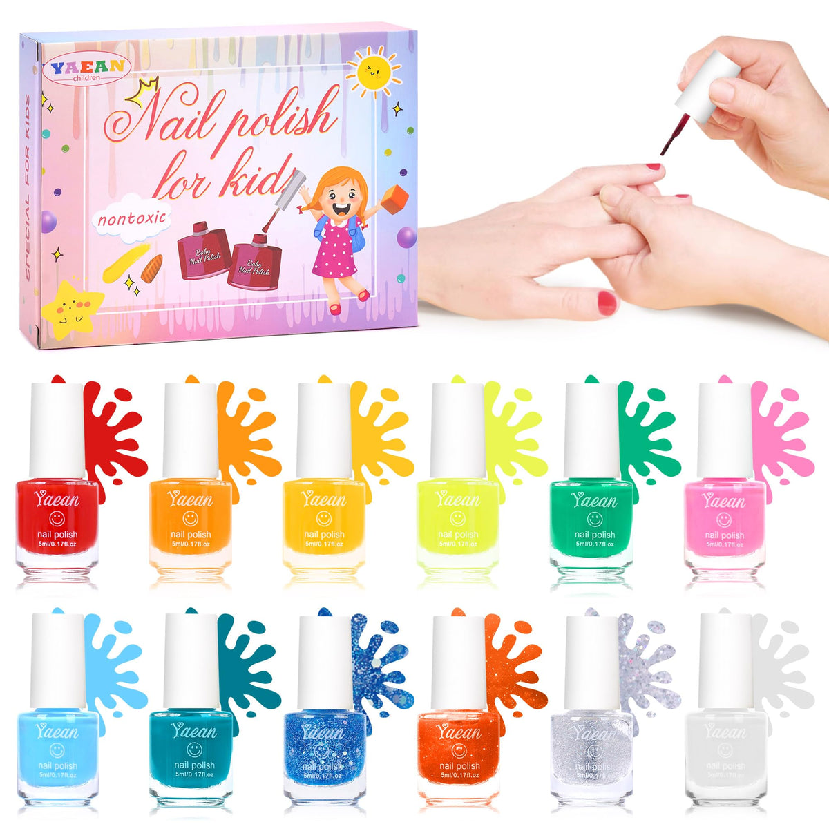 Yaean Kids Nail Polish Set - Non Toxic Water-Based Quick Dry, 11 Colors + 1 Coat, Ages 3+