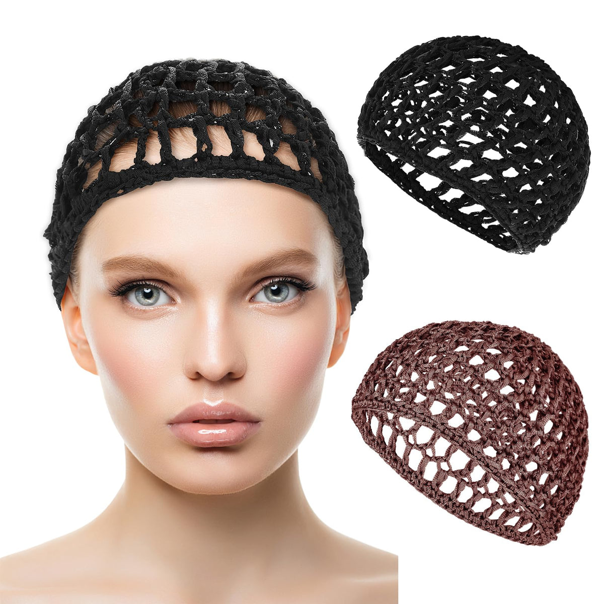 Wllhyf Hair Net Wrap 2 Pcs - Elastic Breathable Crochet Sleep Caps For Curly/Straight Hair, Brown/Black