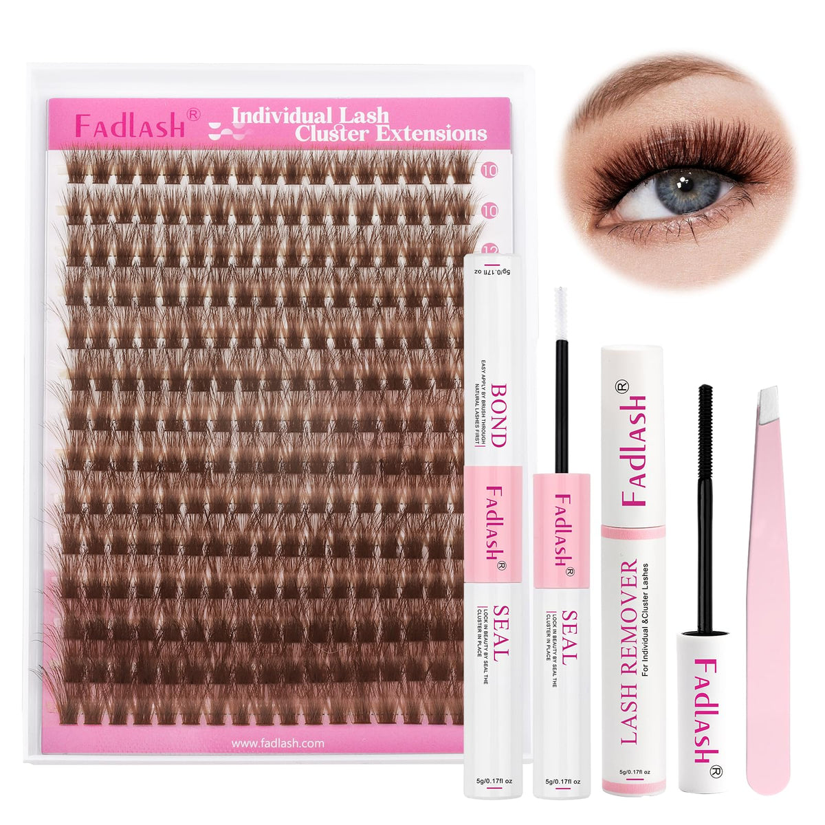 FADLASH Brown Lash Extension Kit - 3D Individual Lashes, Bond & Seal, Remover, Tweezers, 