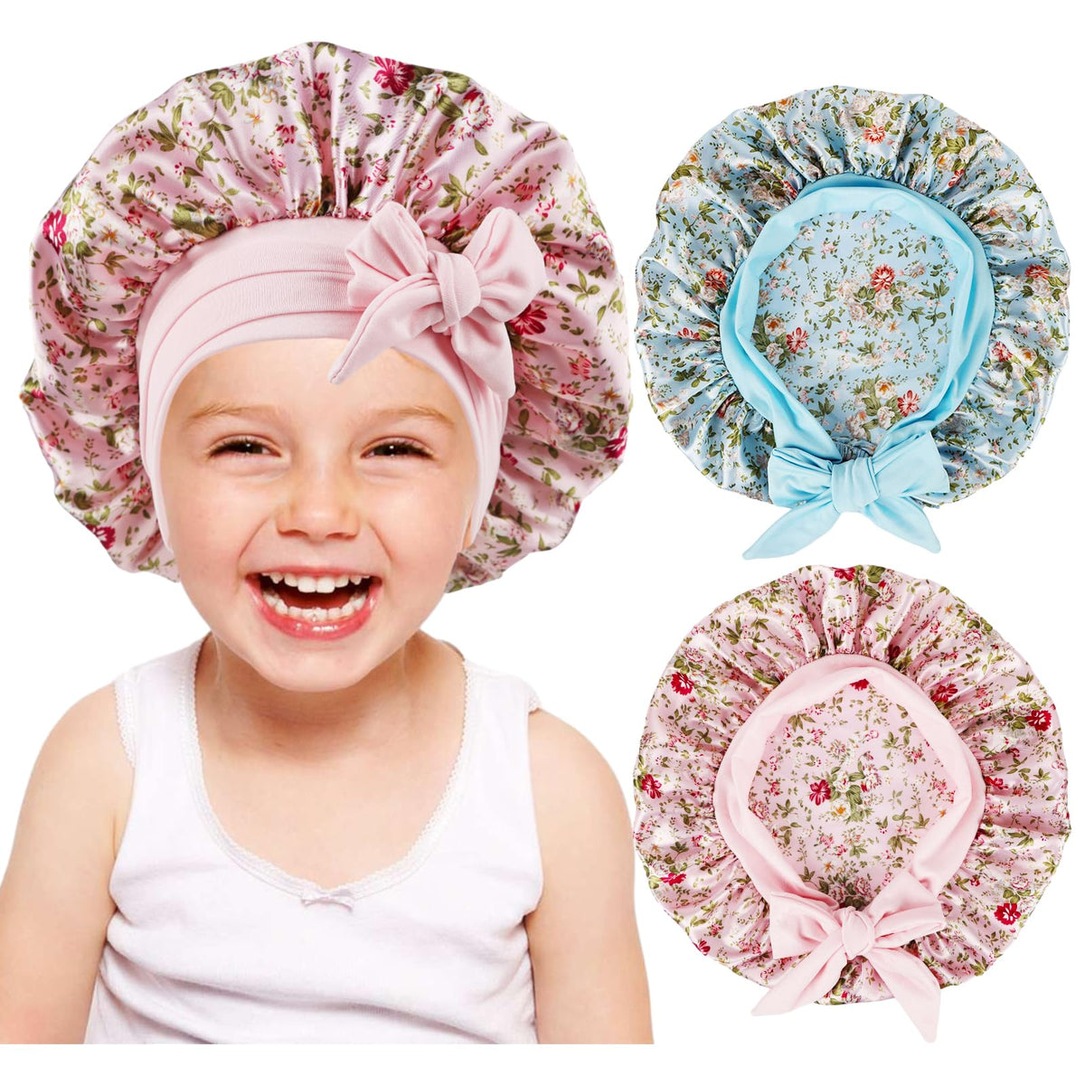 Himoswis 2 Pcs Kids Bonnets, Satin Sleep Bonnet For Girls, G-Floral Pink & Blue