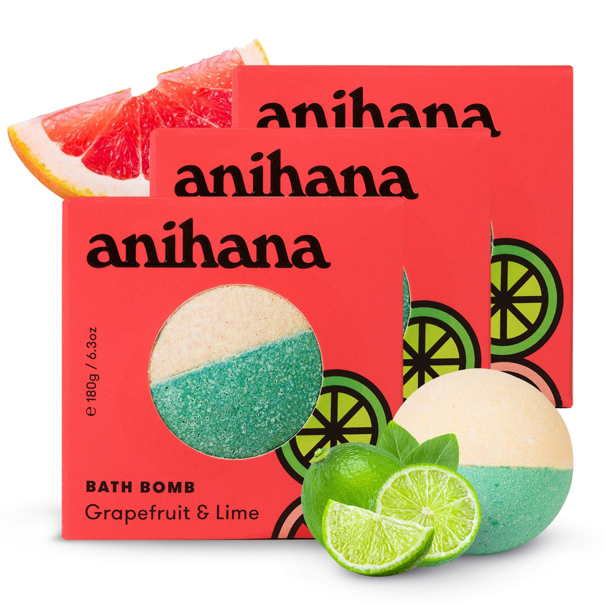 Anihana Bath Bombs, Grapefruit & Lime, Paraben Free, 3 Pack, Hand-Crafted Luxury Fizzers,