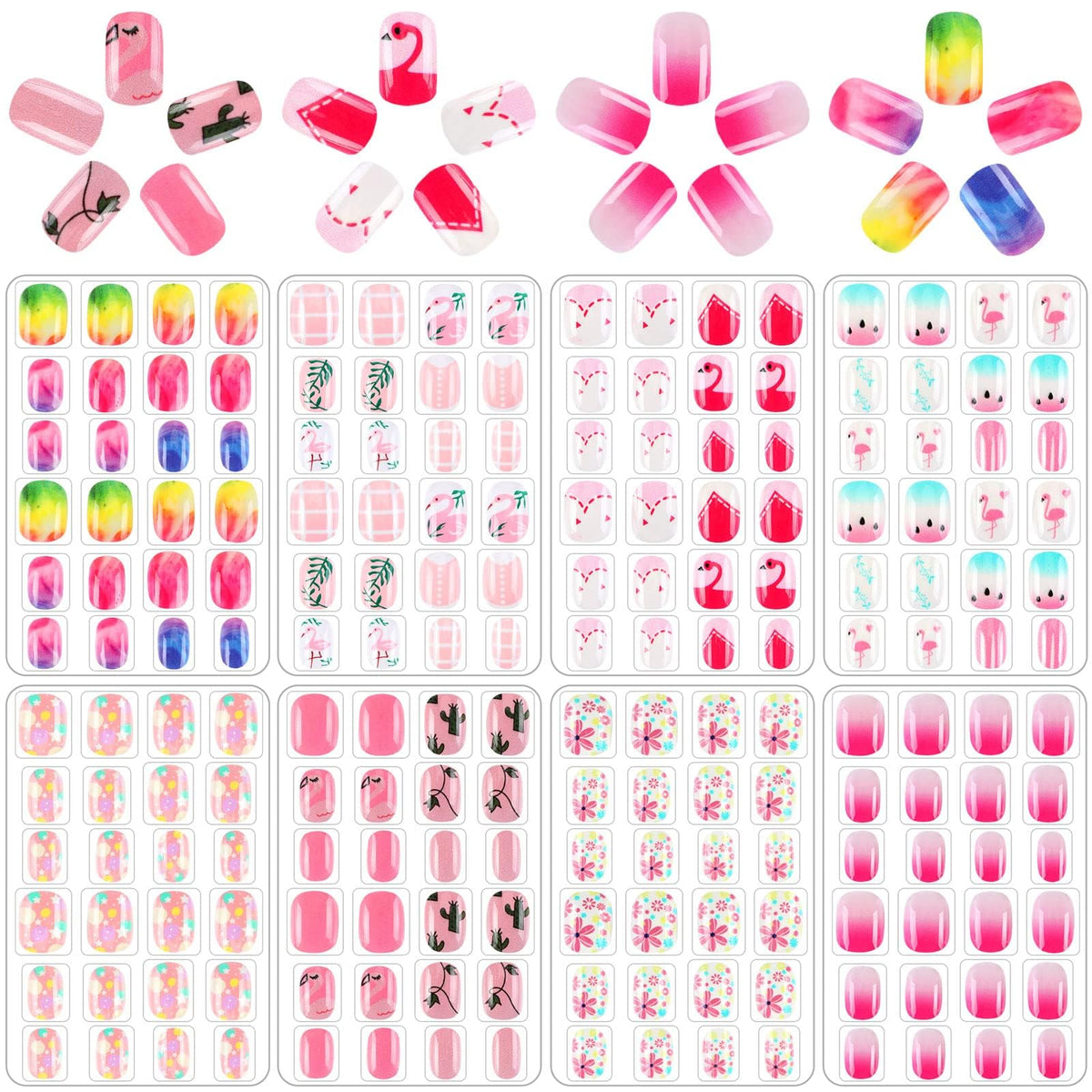 JANYUN 192Pcs Multicolor Kids Fake Nails - Pre-glue Full Cover Short Stick-On Nail Art