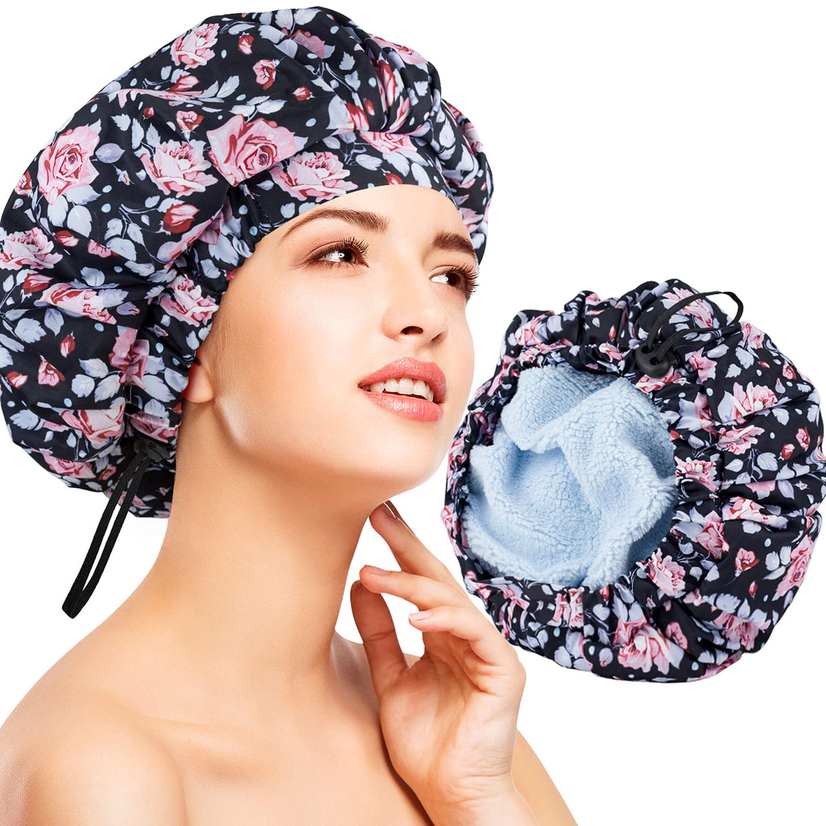 Pozilan Luxury Waterproof Shower Cap For Women, Extra Large Microfiber Terry, Adjustable, Pink