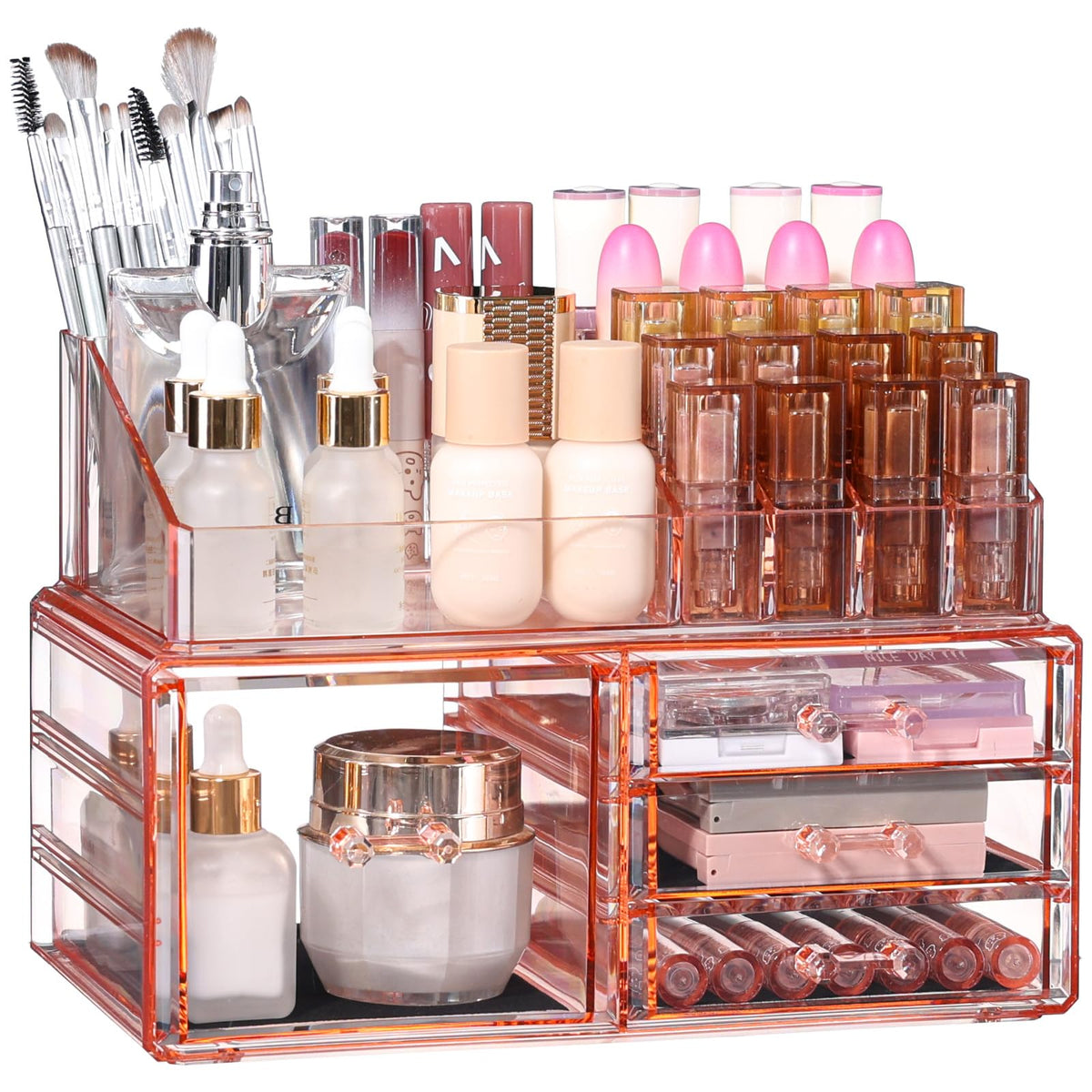 Cq Acrylic Pink 4 Drawer Makeup Organizer - Large Plastic Vanity Storage For Brushes & Cosmetics