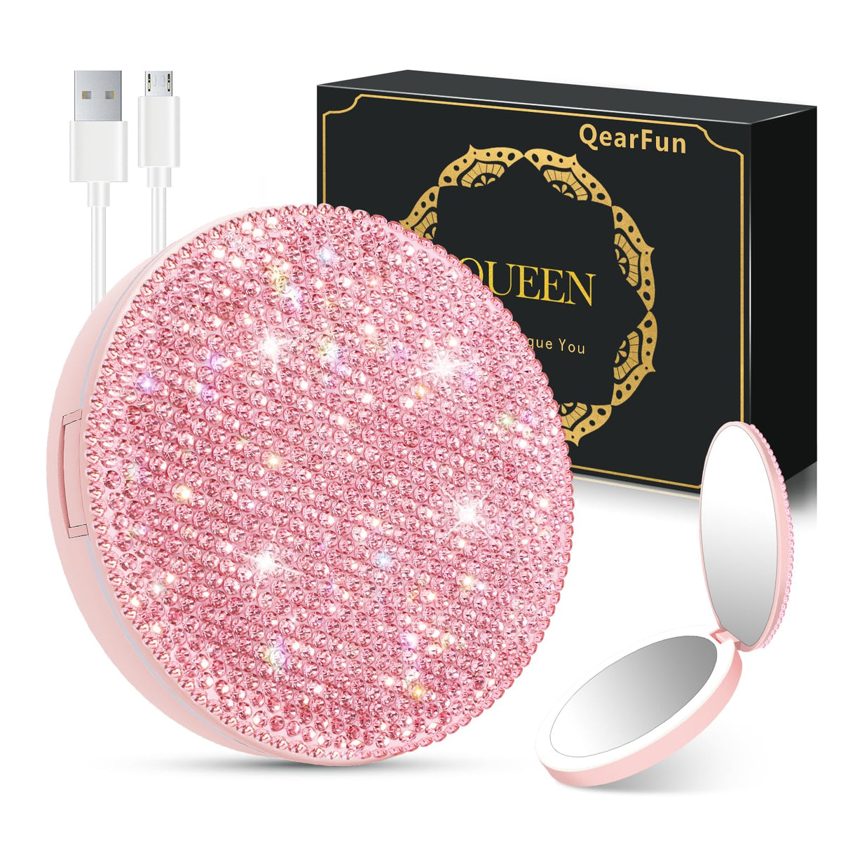 Qearfun Pink Rhinestone Led Compact Mirror, 3.5&quot; Rechargeable Makeup & Travel Mirror