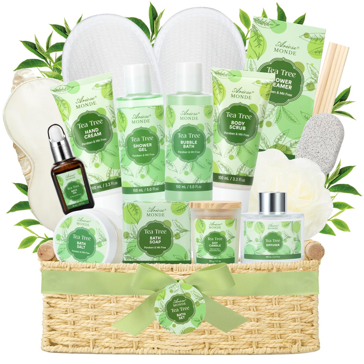 Ariosemonde Spa Gift Basket - Tea Tree Bath Set With Shower Gel, Bubble Bath & Essential Oil